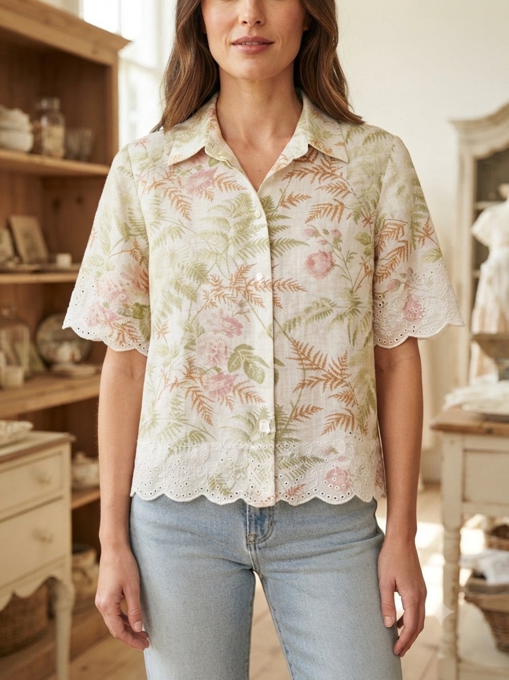 Laura Ashley 100% Linen Floral Botanical Embroidered Button-Down Shirt Size S